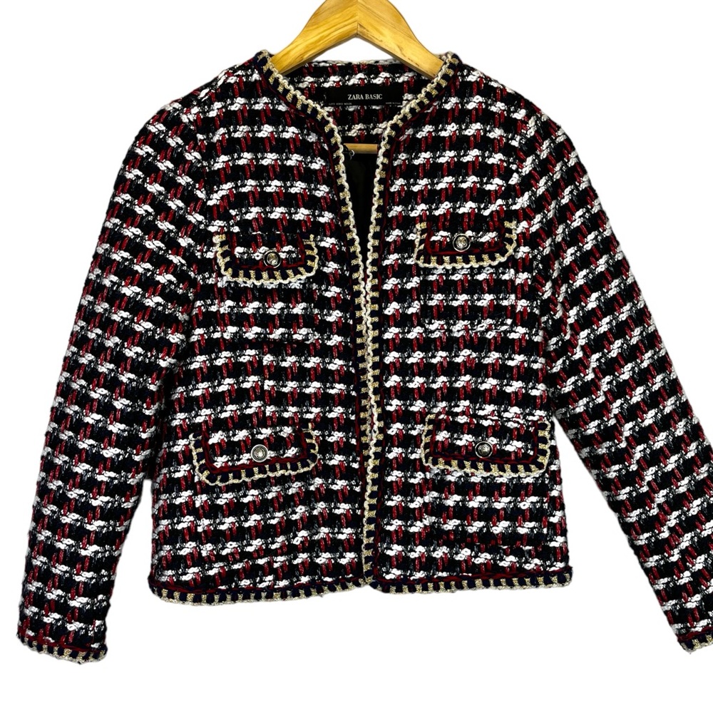 Zara Blogger Favorite textured tweed collarless jacket red & navy - Small - Picture 3 of 12